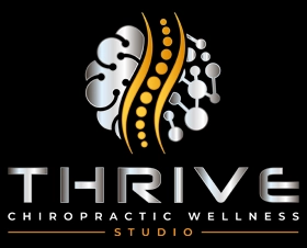 Thrive Chiropractic Wellness silver and orange logo with a black background.