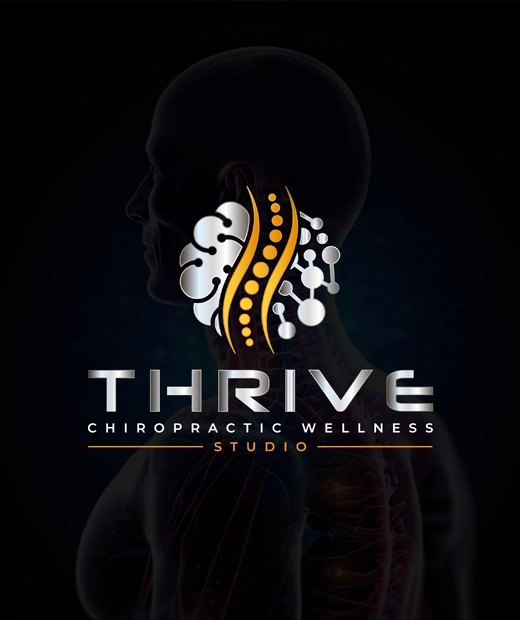 Thrive Chiropractic Wellness silver and orange logo with a man standing behind it.